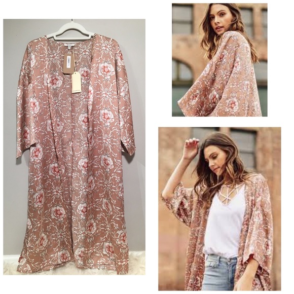 JODIFL Tops - Jodifl Mauve Satin Pink / White Floral Kimono